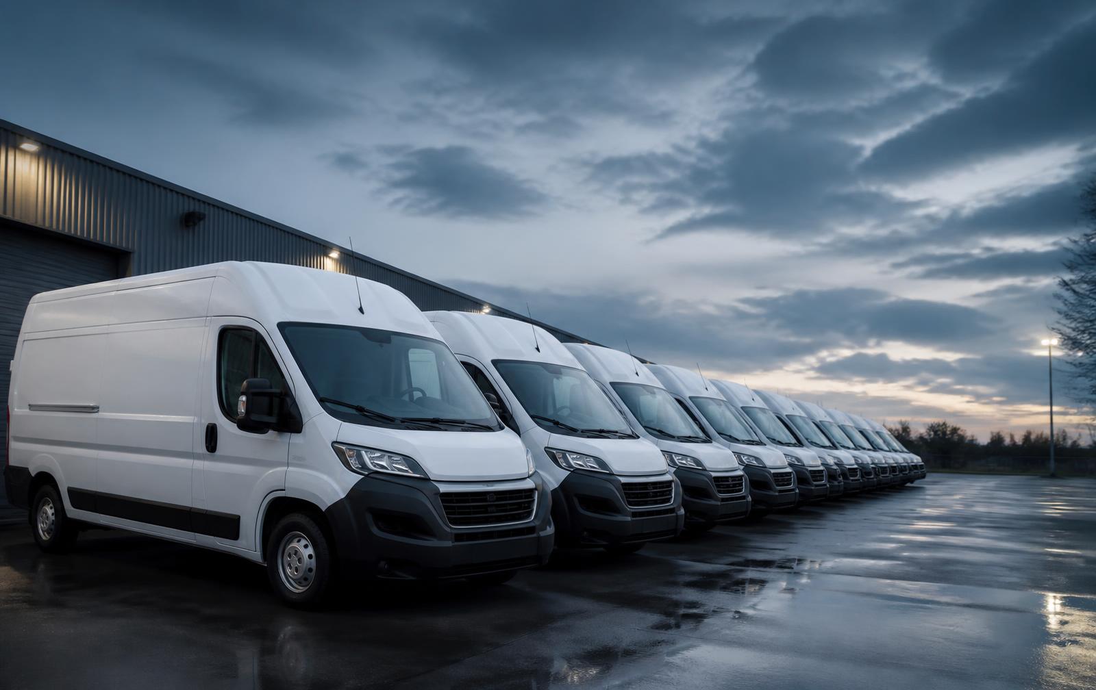 Fleet of white commercial vans parked at a UK depot